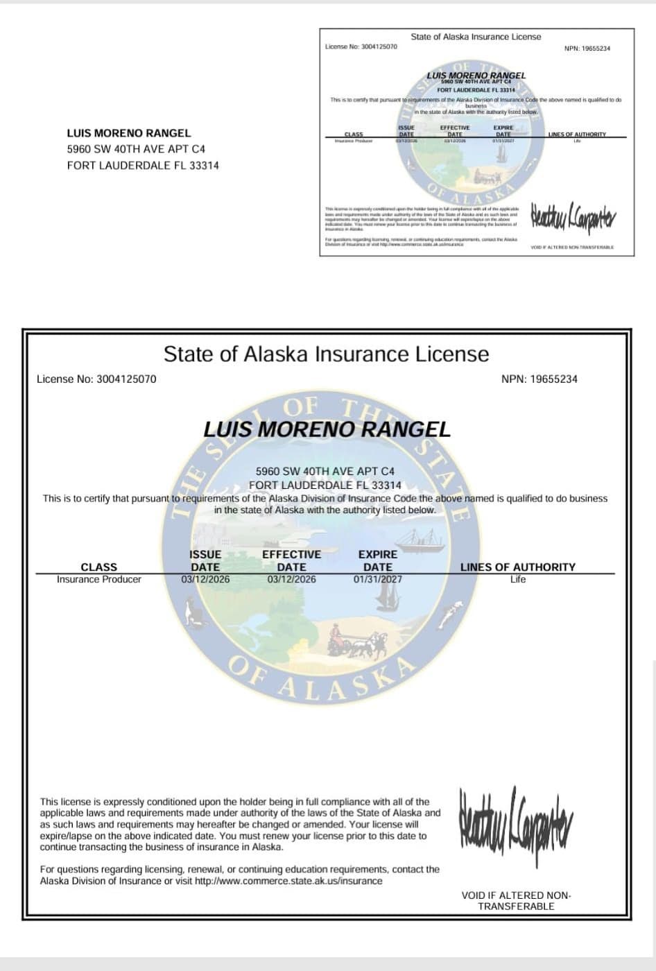 Licencia de seguros de Luis Moreno en Alaska