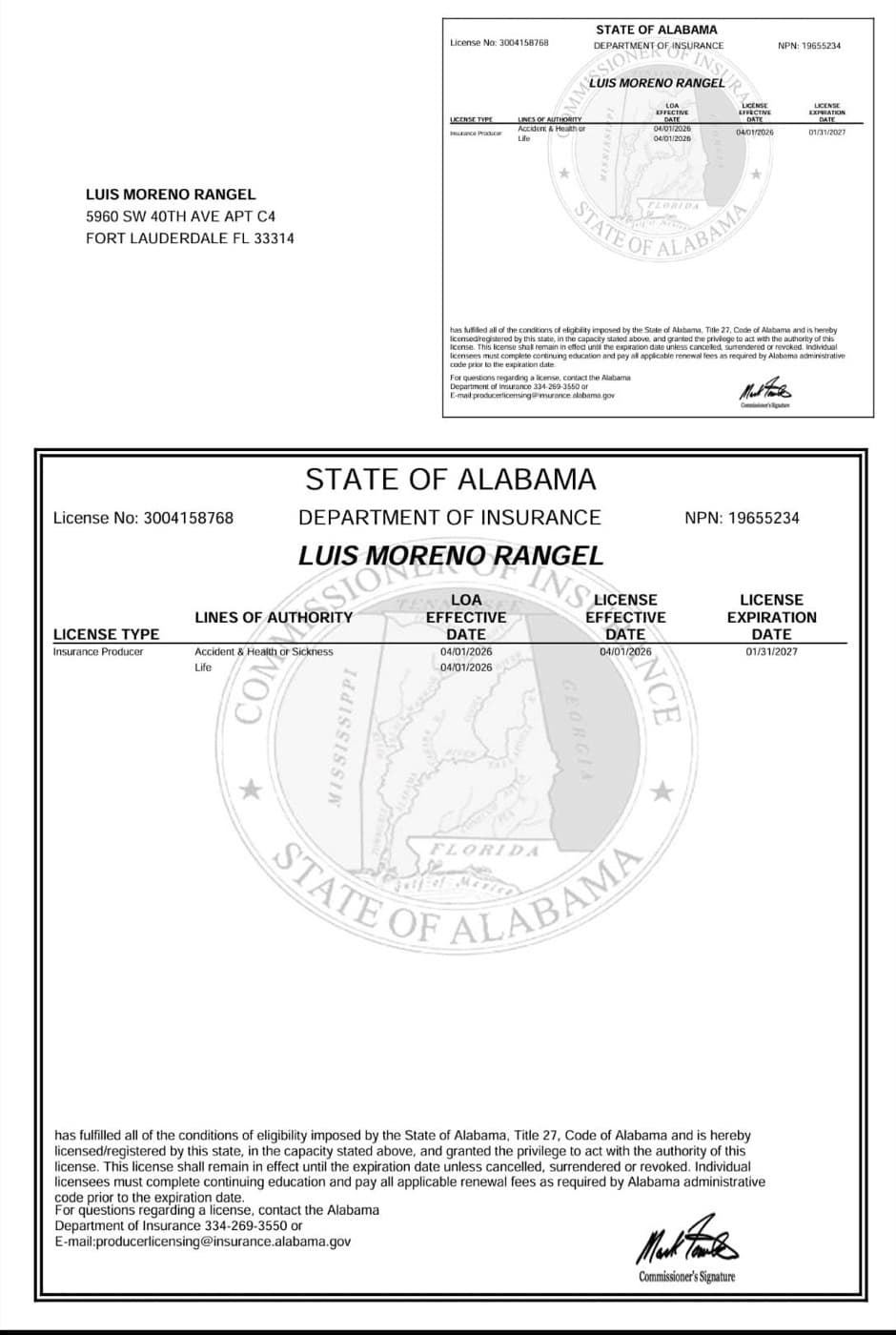 Licencia de seguros de Luis Moreno en Alabama