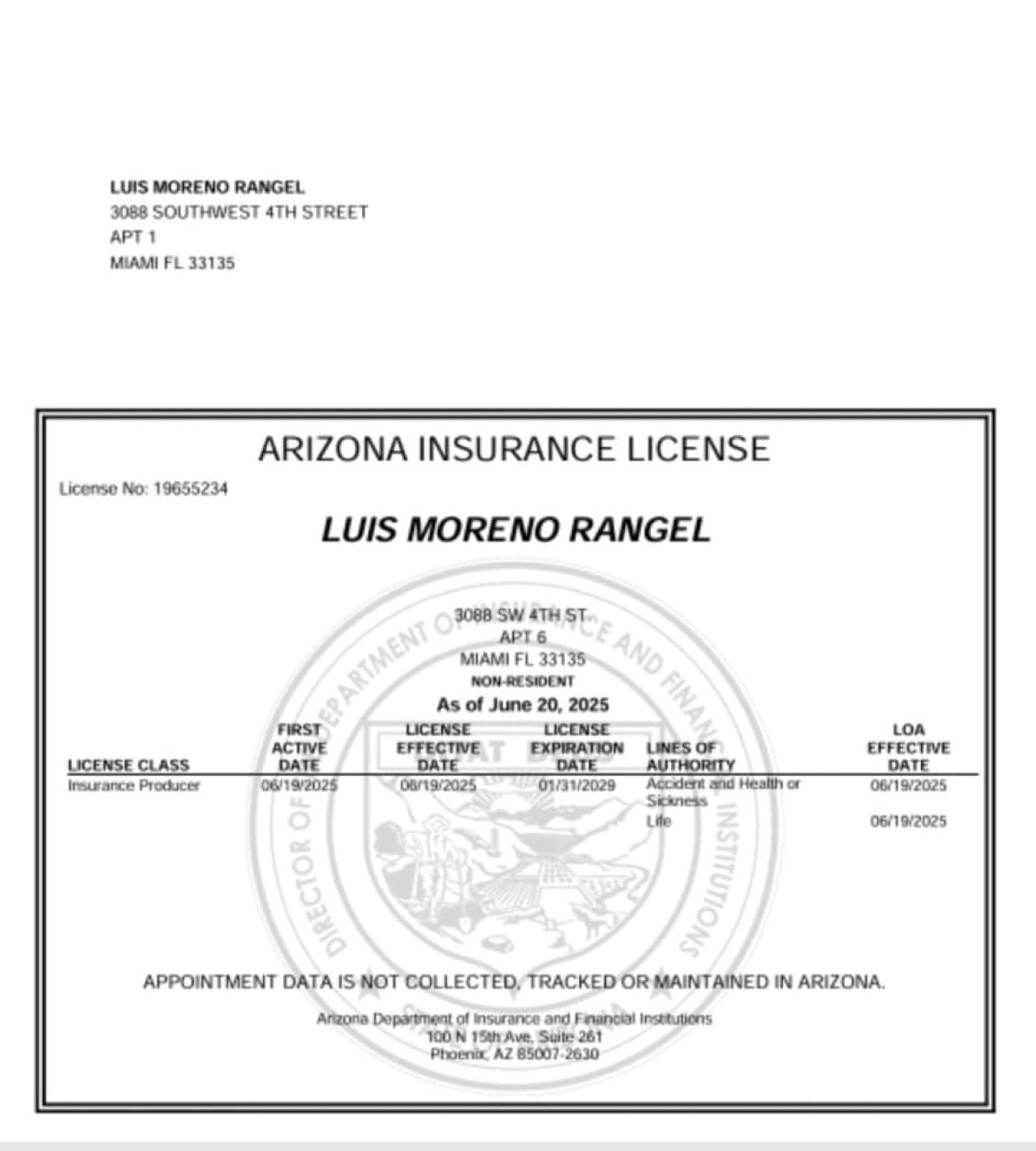 Licencia de seguros de Luis Moreno en Arizona