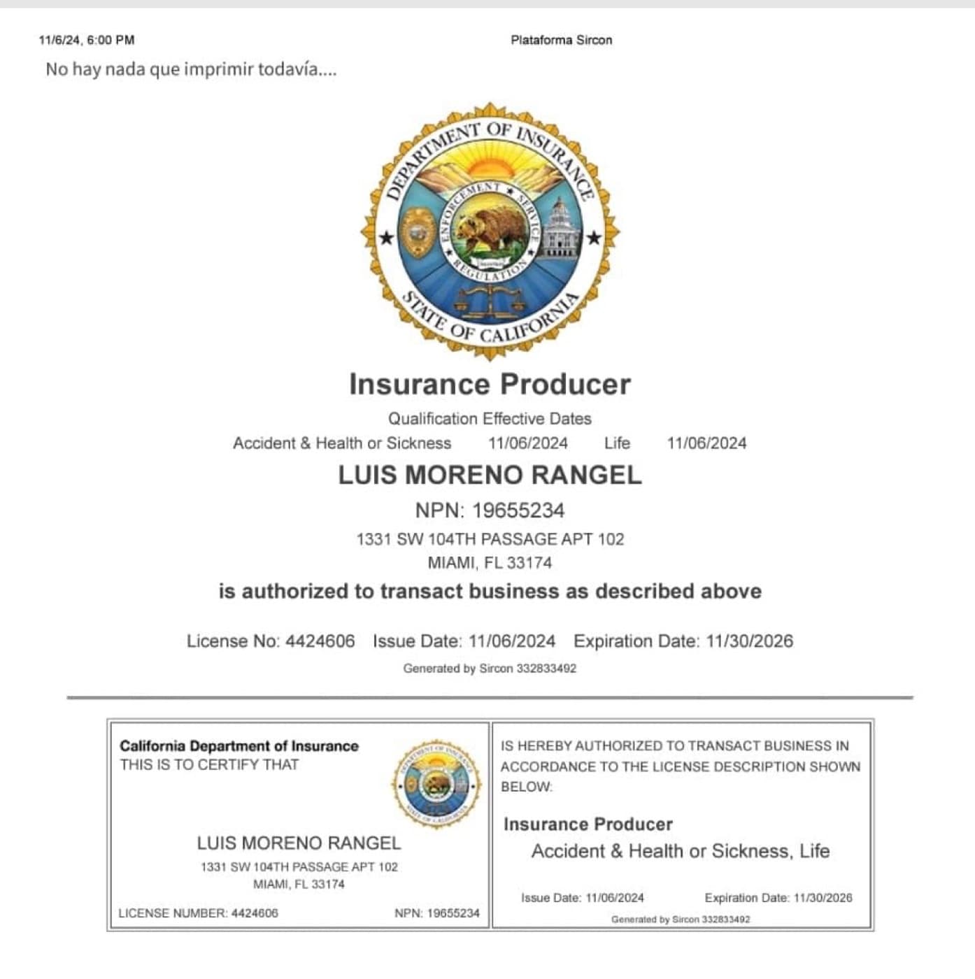 Licencia de seguros de Luis Moreno en California