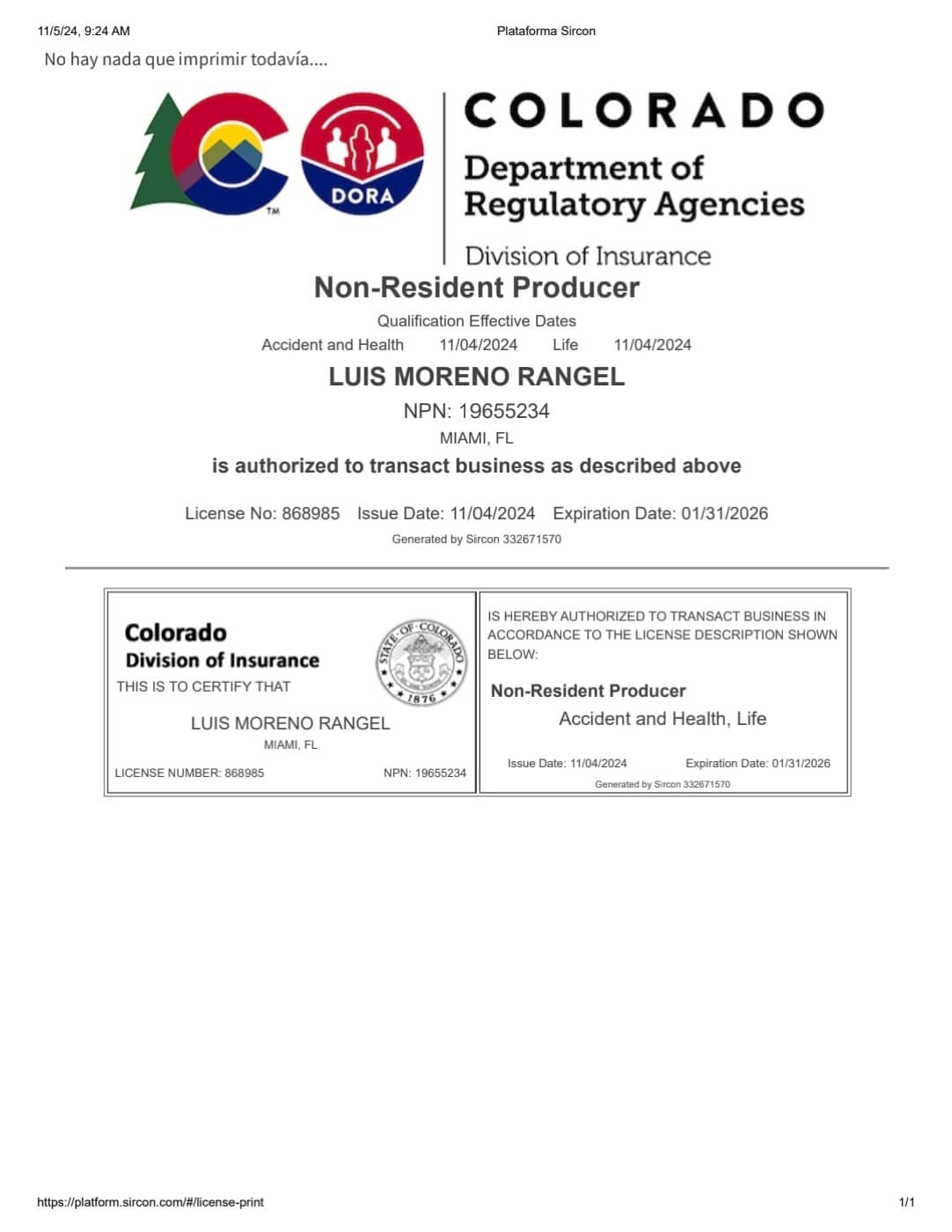 Licencia de seguros de Luis Moreno en Colorado