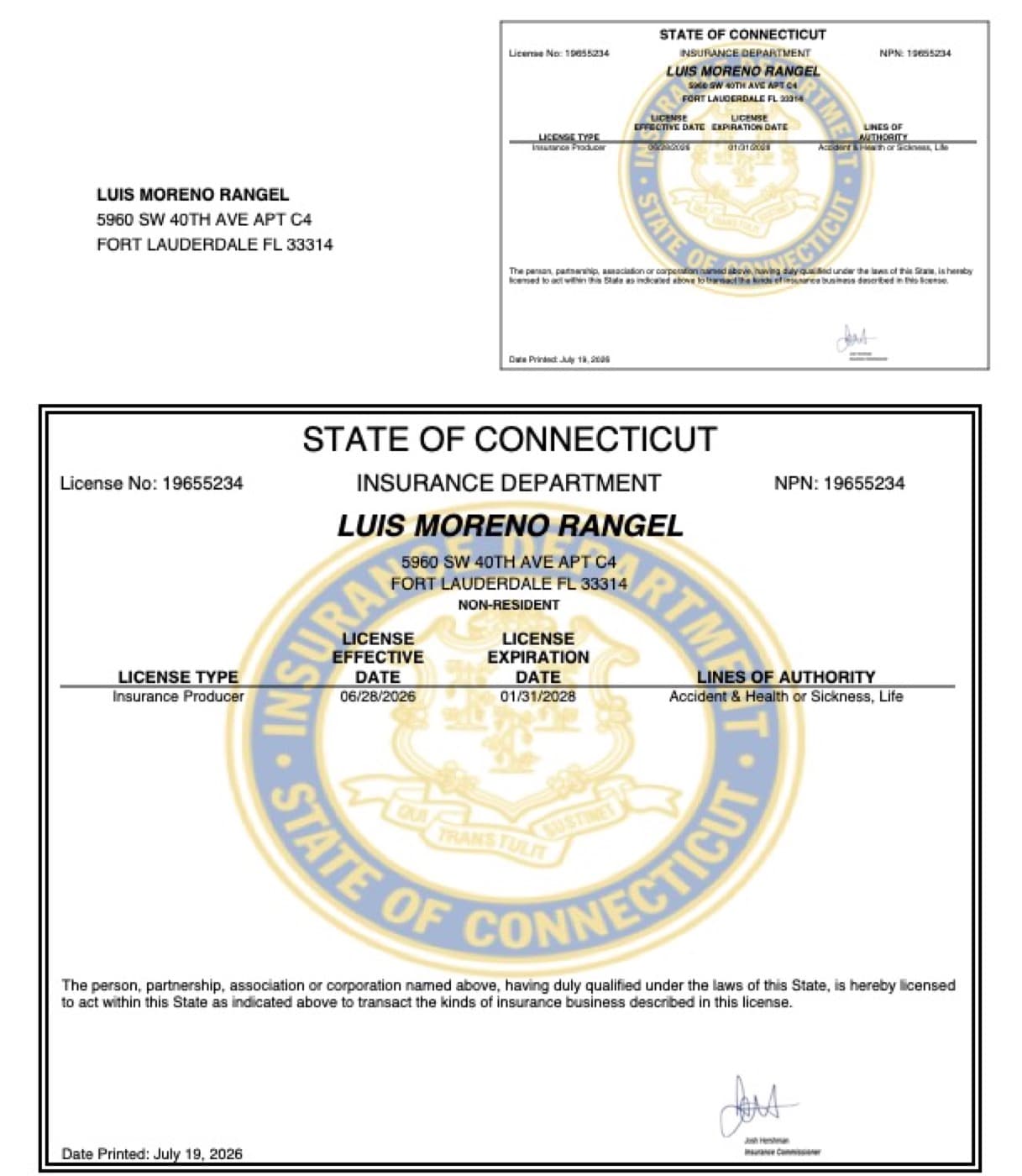 Licencia de seguros de Luis Moreno en Connecticut