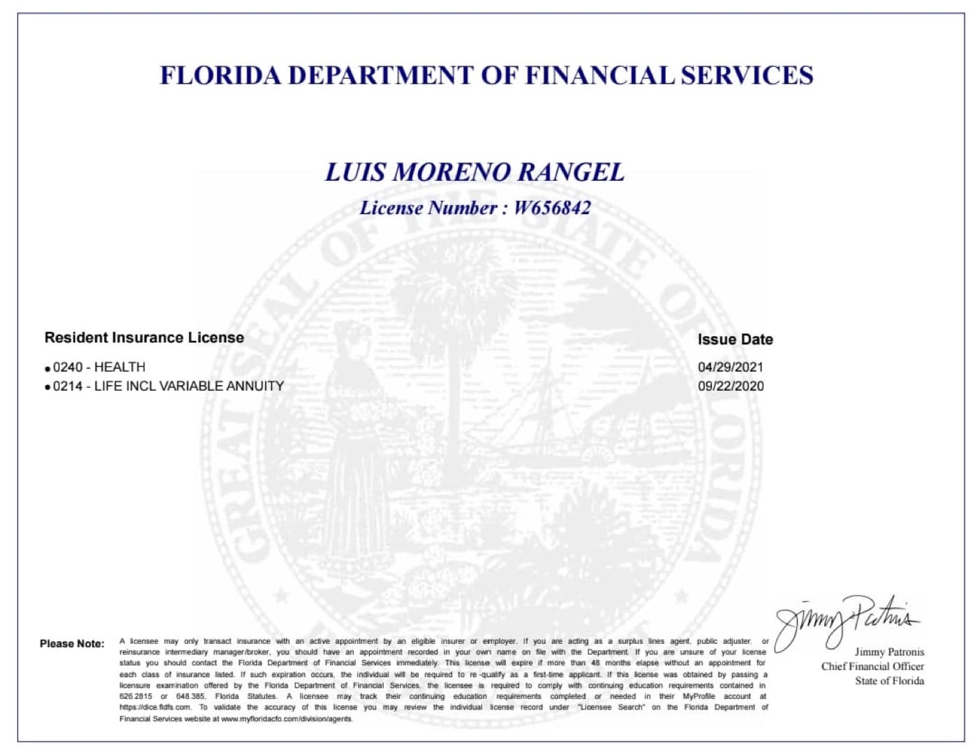 Licencia de seguros de Luis Moreno en Florida