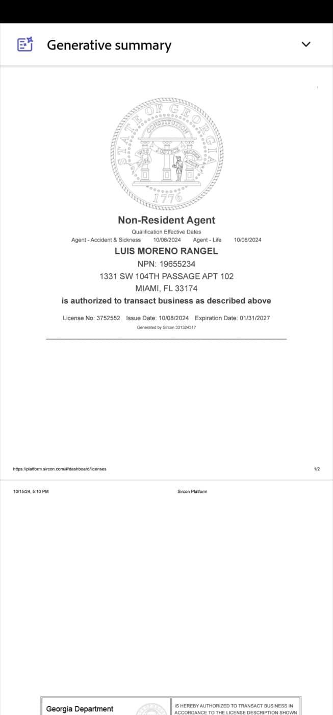 Licencia de seguros de Luis Moreno en Georgia