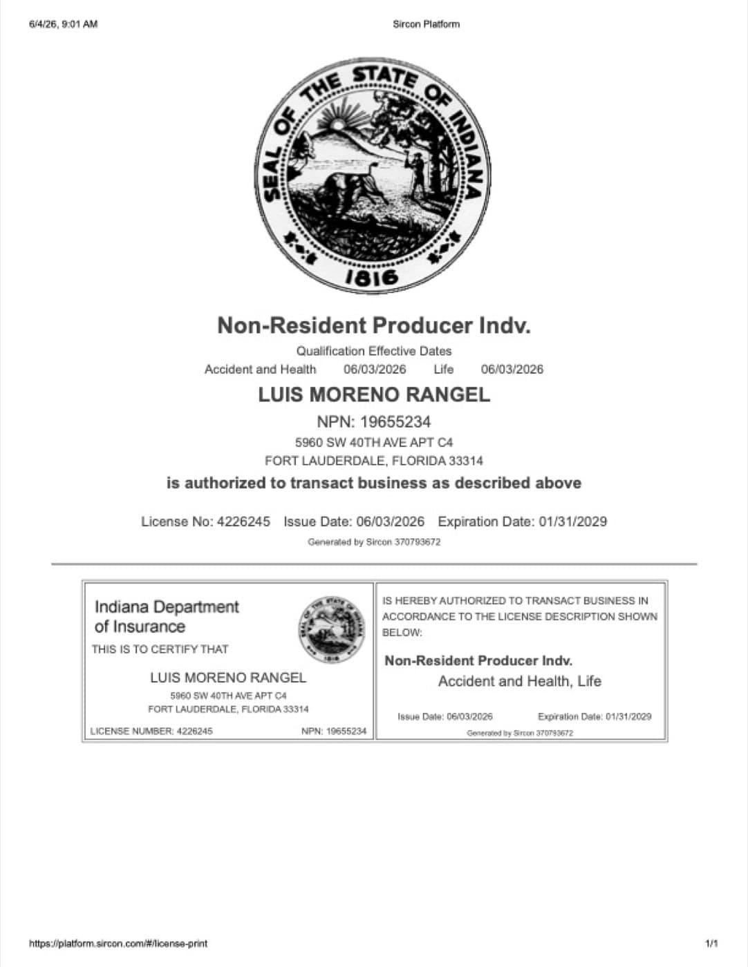Licencia de seguros de Luis Moreno en Indiana