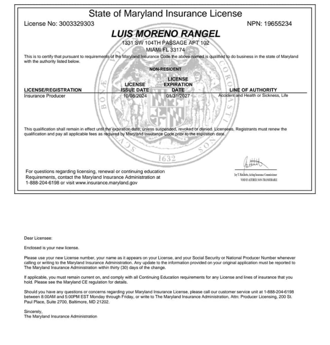 Licencia de seguros de Luis Moreno en Maryland