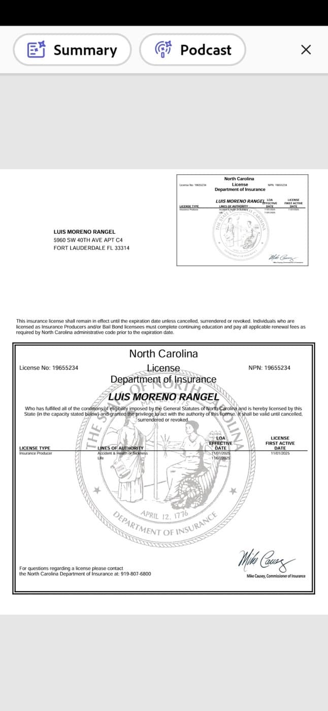 Licencia de seguros de Luis Moreno en North Carolina