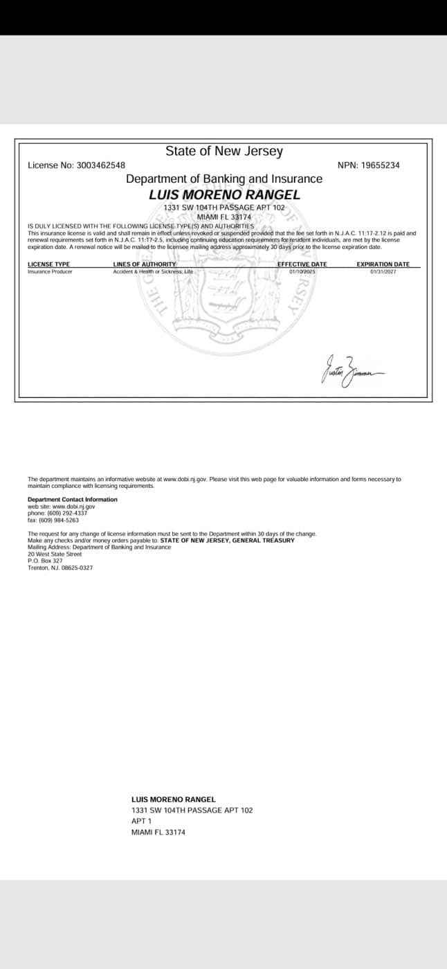 Licencia de seguros de Luis Moreno en New Jersey