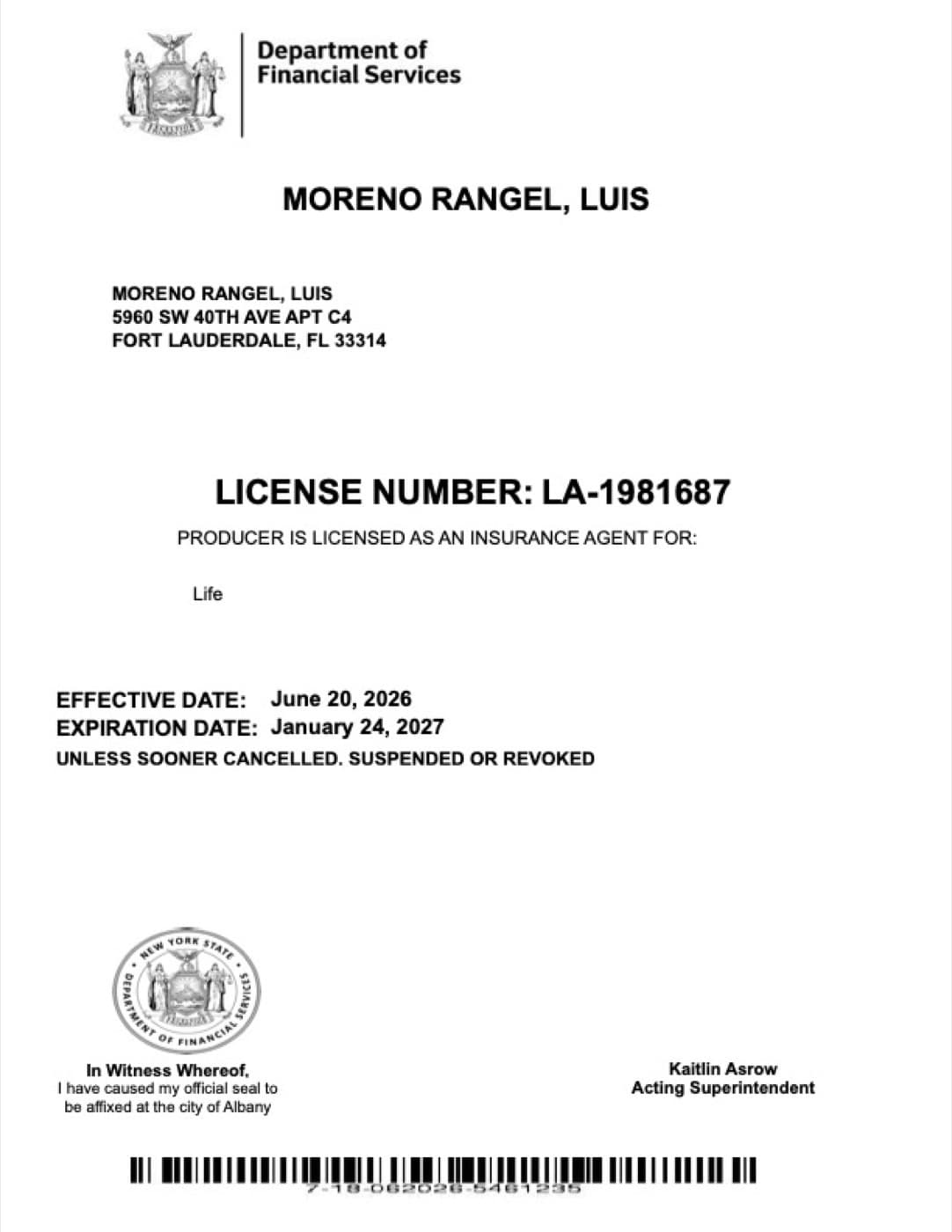 Licencia de seguros de Luis Moreno en Nueva York
