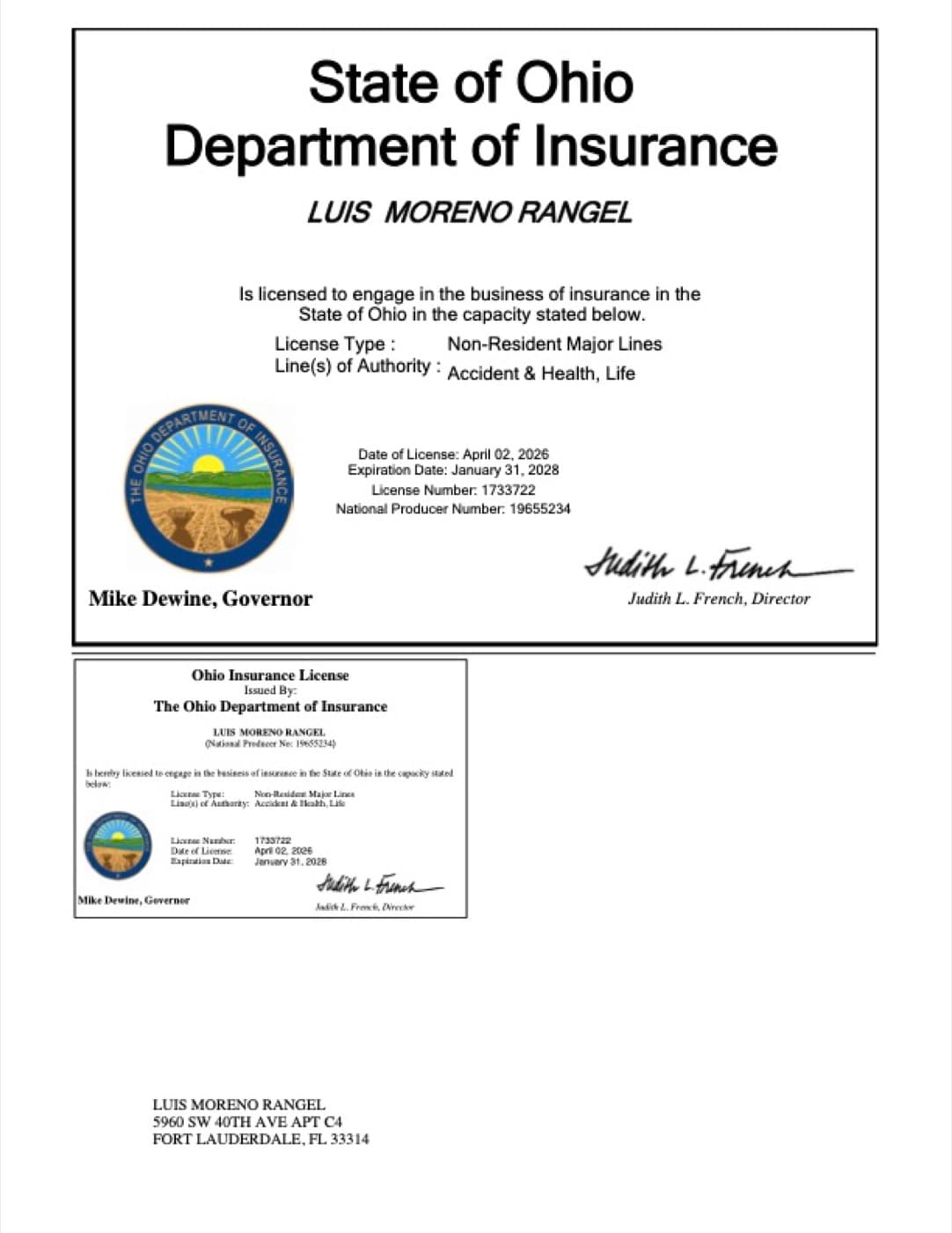 Licencia de seguros de Luis Moreno en Ohio