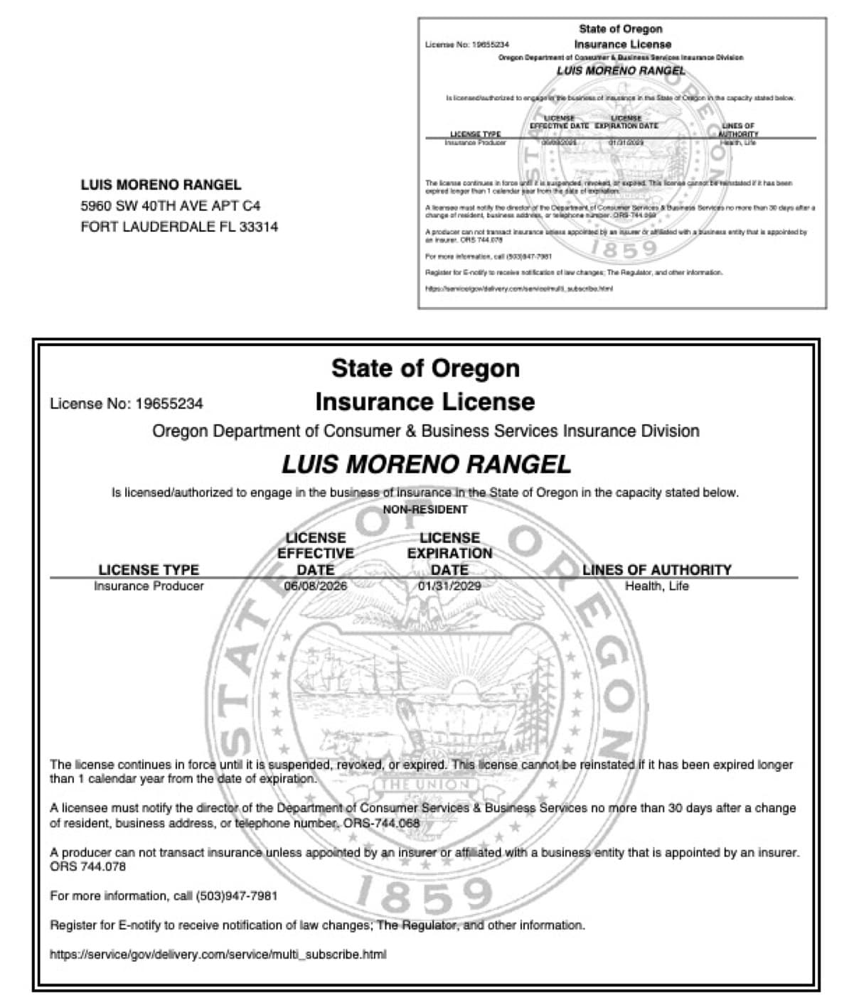 Licencia de seguros de Luis Moreno en Oregon