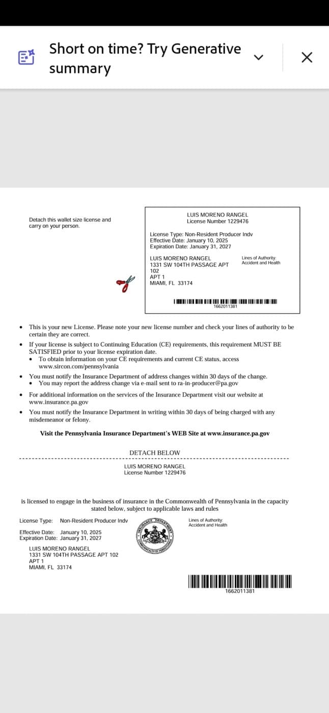 Licencia de seguros de Luis Moreno en Pennsylvania