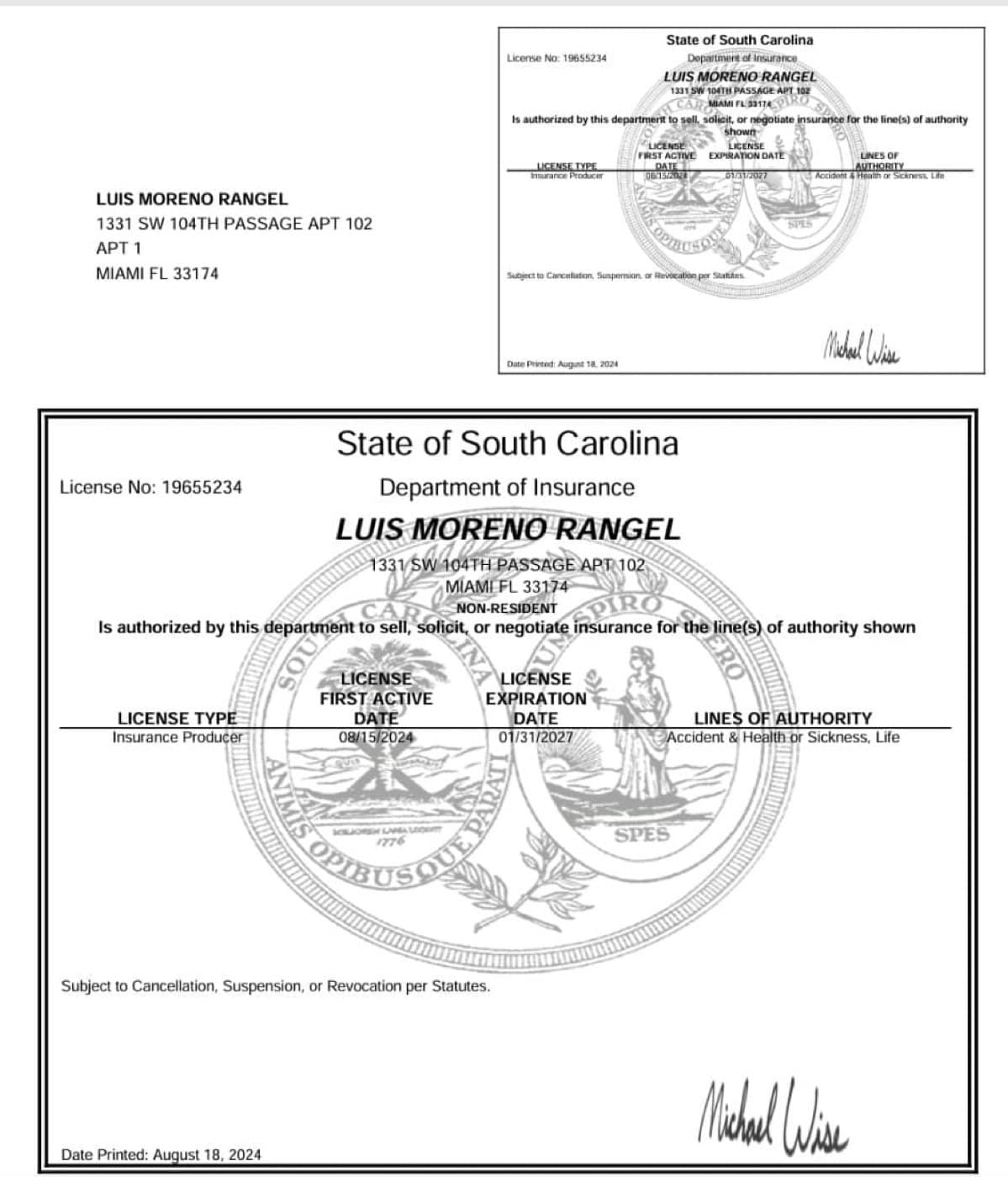 Licencia de seguros de Luis Moreno en South Carolina
