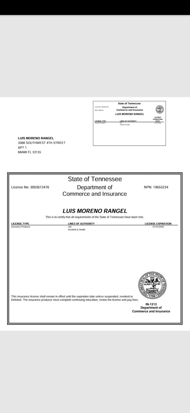 Licencia de seguros de Luis Moreno en Tennessee