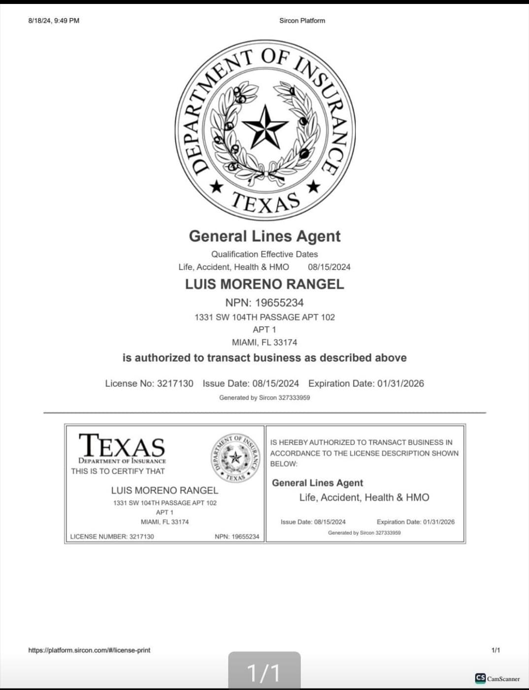 Licencia de seguros de Luis Moreno en Texas
