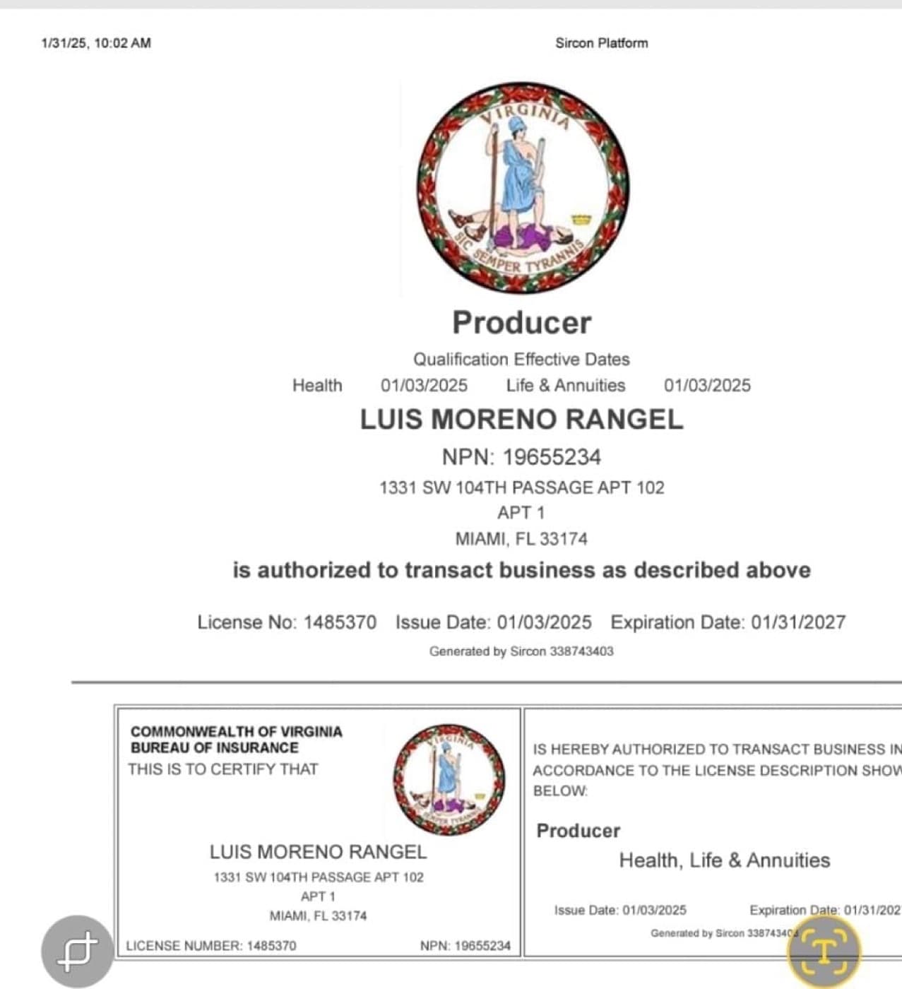 Licencia de seguros de Luis Moreno en Virginia